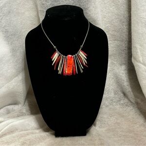 CHICO'S Bib Red Enamel Silver Tone Spikes Edgy Style Necklace